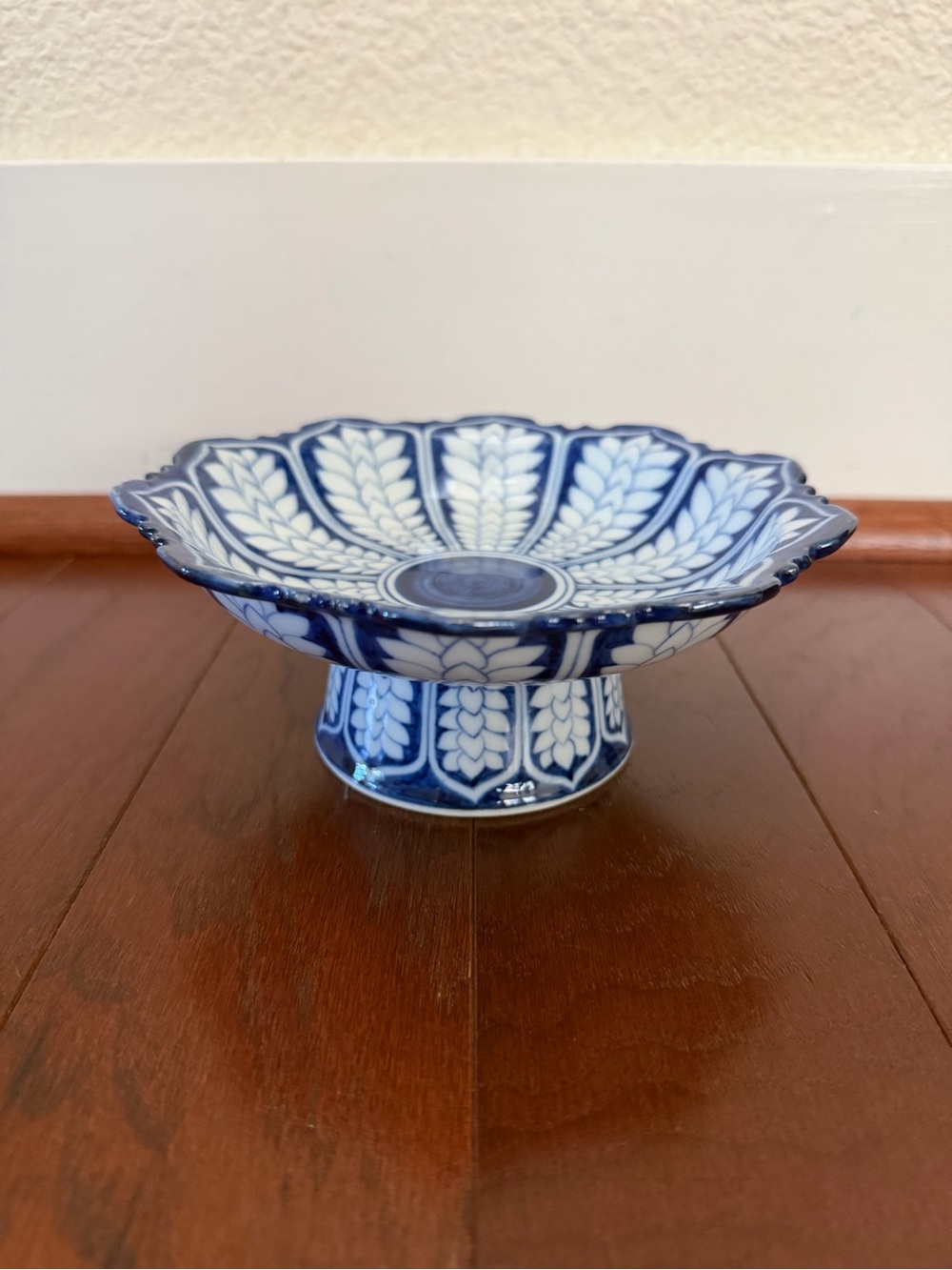 Vintage Thai Blue & White Porcelain Pedestal Altar Offering Bowl Hand-Painted 6”
